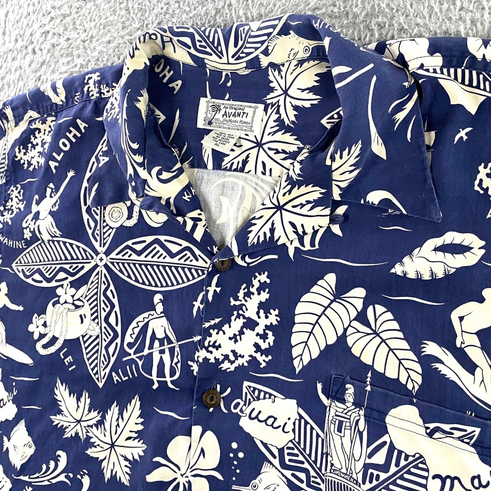 Vintage Avanti Silk Hawaiian Shirt Mens XL Islands Oahu Maui Kauai Ukulele Blue